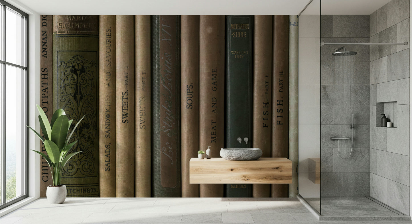 Wall mural showcasing antique book spines in muted earthy tones for a classic library look.