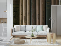 Rustic library wall mural showing a collection of antique books with timeworn detailing.