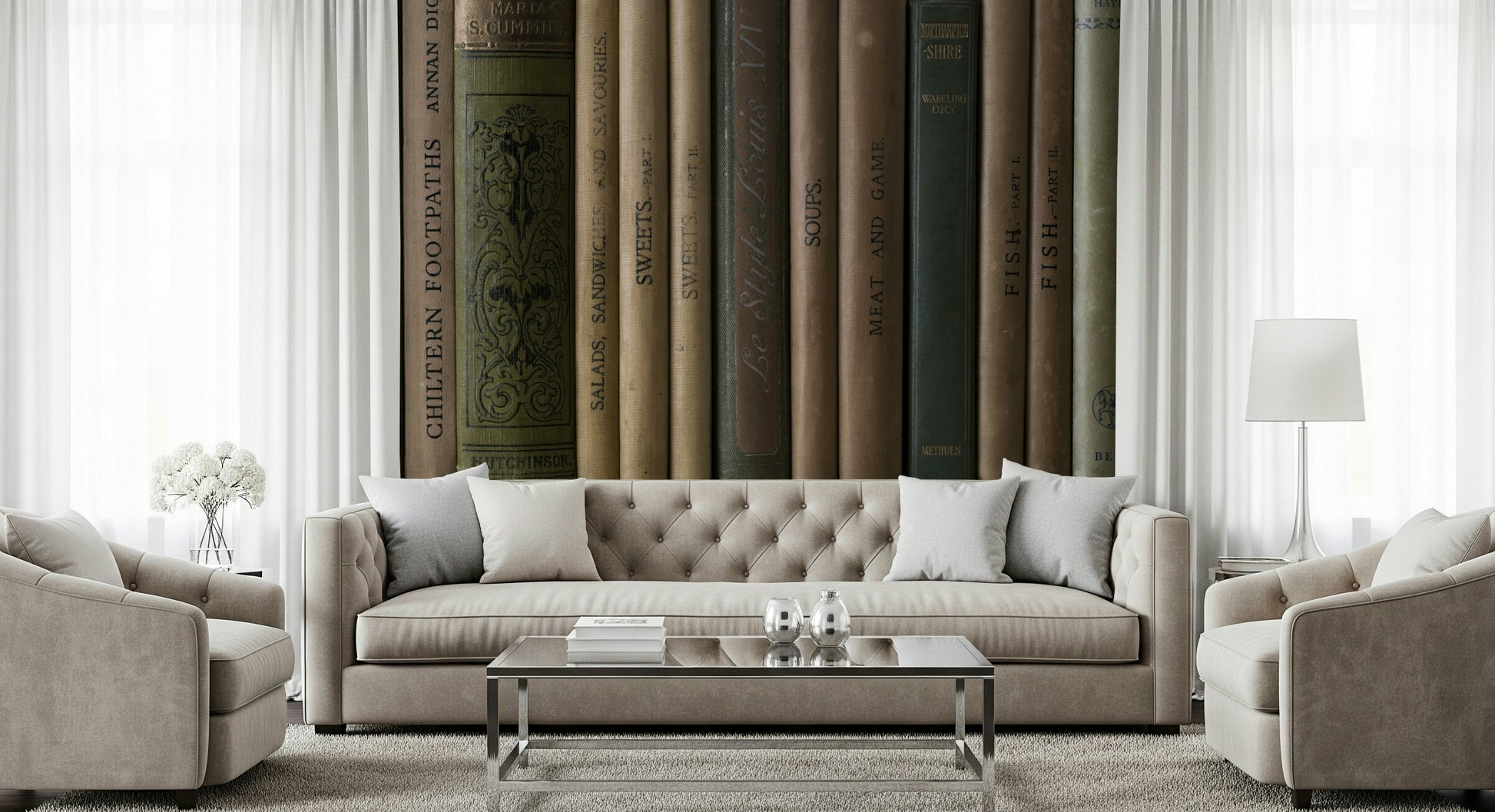 Classic book spine mural highlighting faded titles and vintage textures in warm, muted colors.