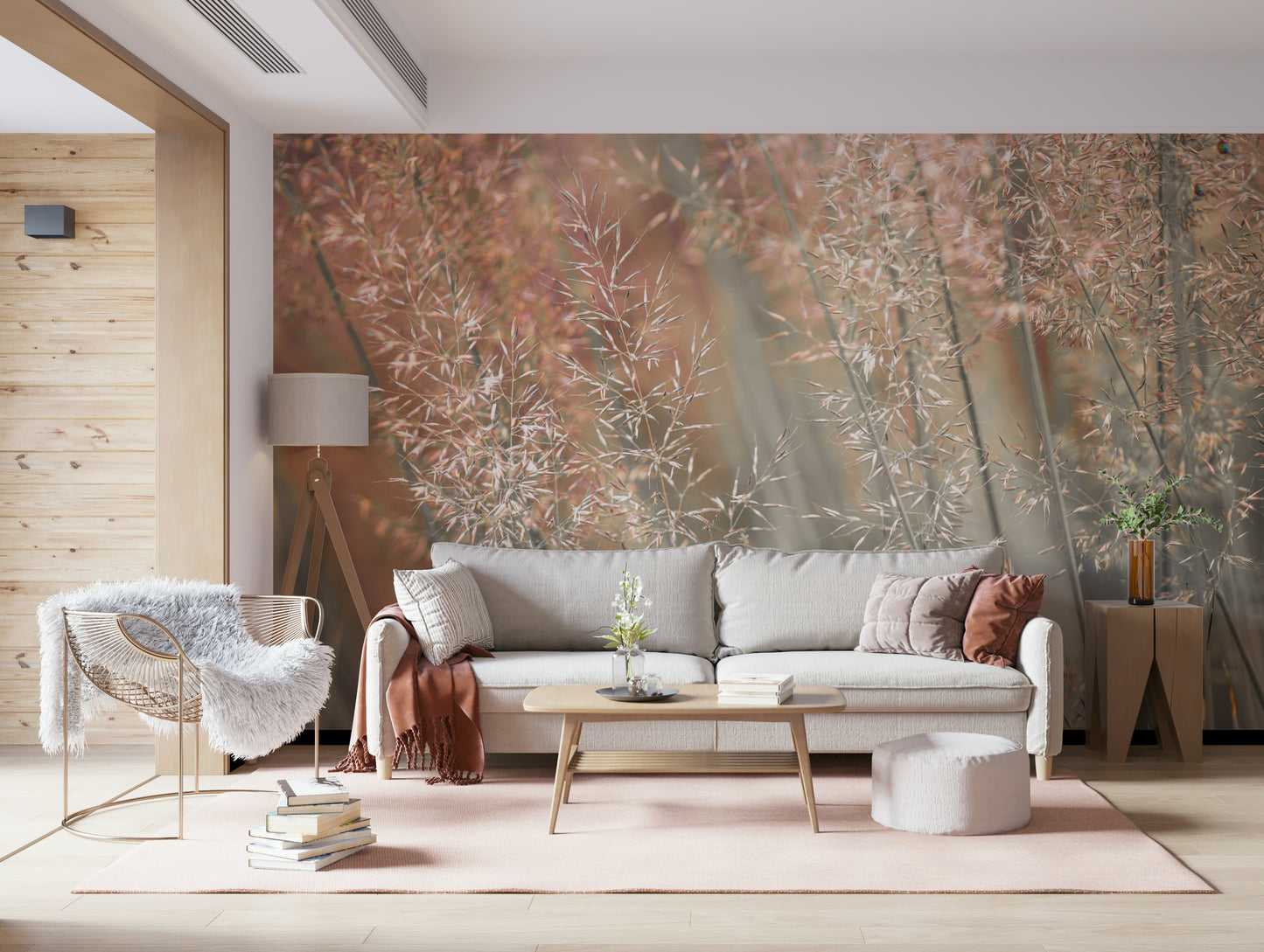 Decorative wall mural capturing the movement of fountain grass in a peaceful outdoor scene.