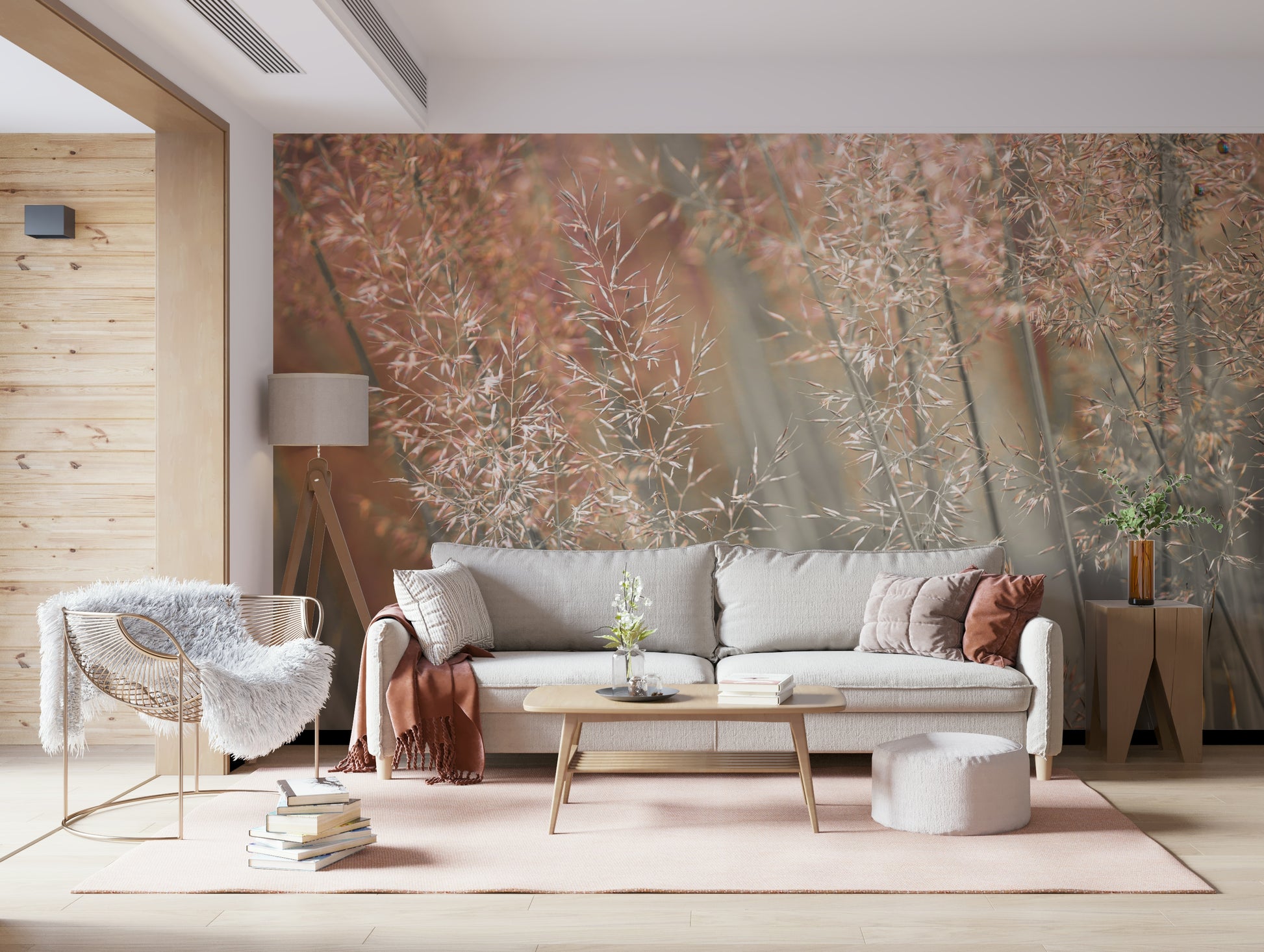 Decorative wall mural capturing the movement of fountain grass in a peaceful outdoor scene.