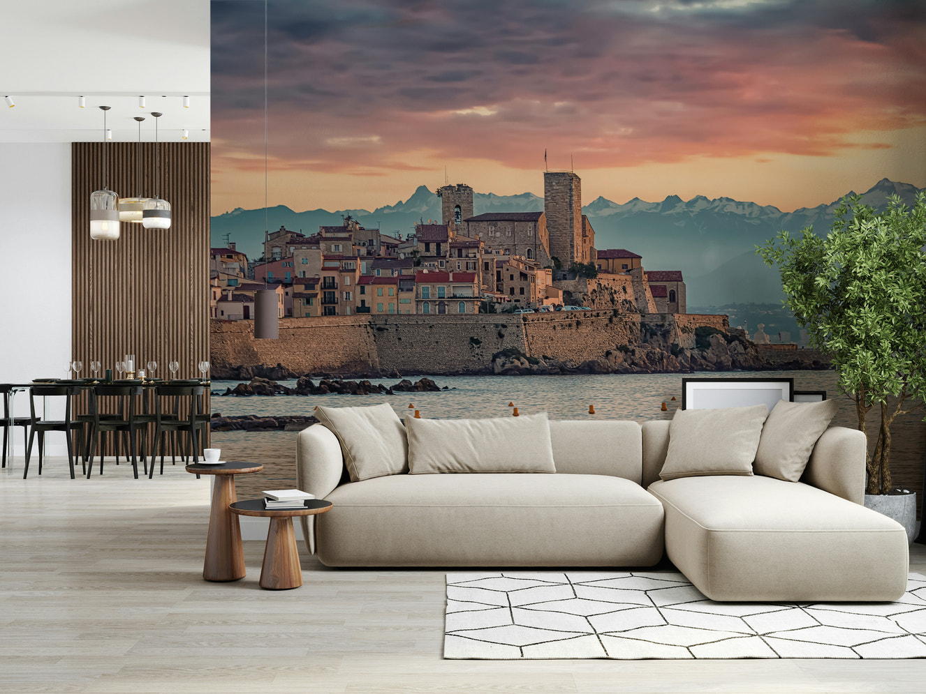 Dusk at Antibes wall mural featuring a historic seaside town glowing under a purple and peach sunset sky.