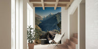 Rustic hillside mural with a thatched shelter and sweeping mountain scenery.