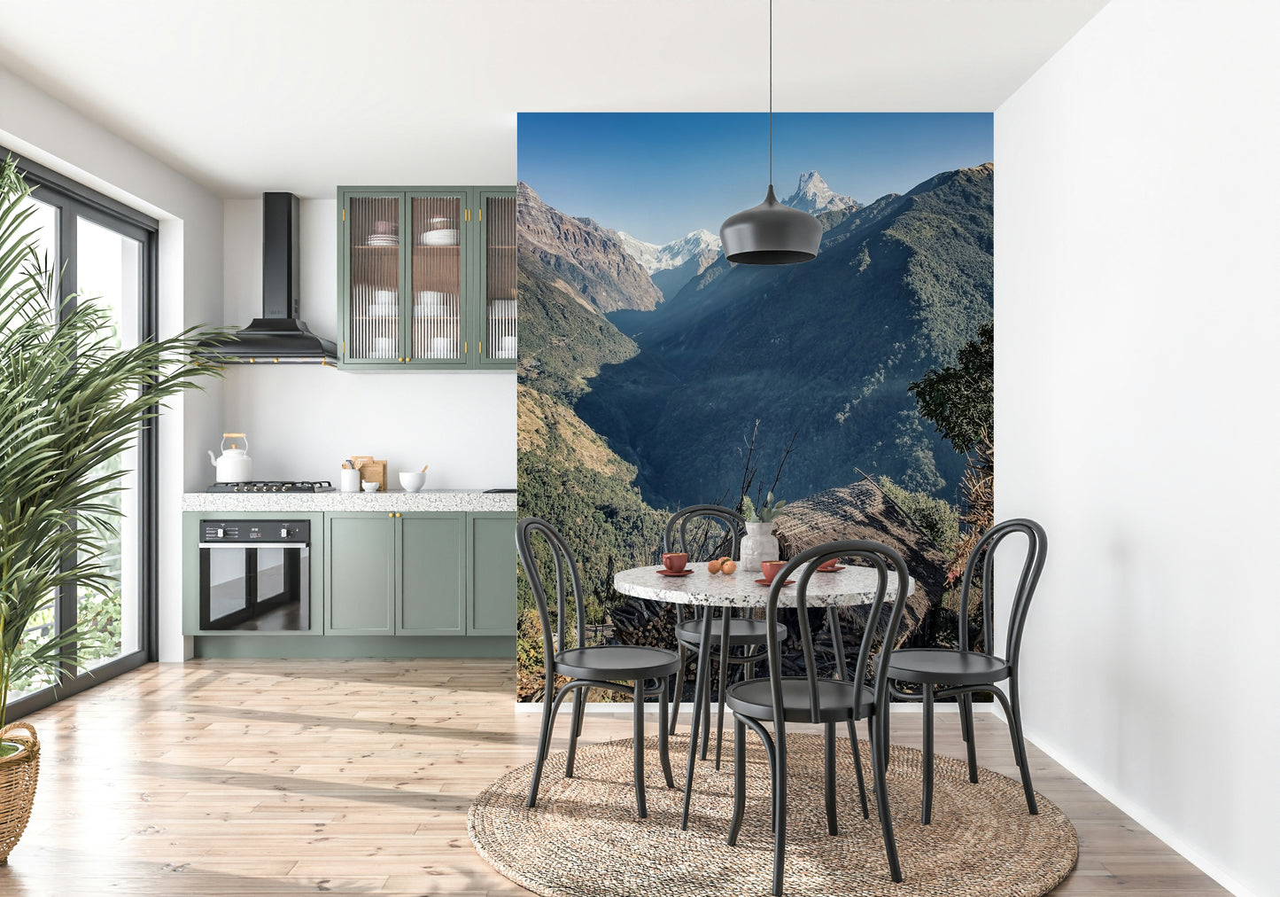 Panoramic mountain vista mural with a quaint hut nestled among lush green hills.