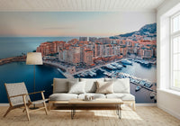 Aerial Monaco Marina harbor mural rich Mediterranean cityscape.