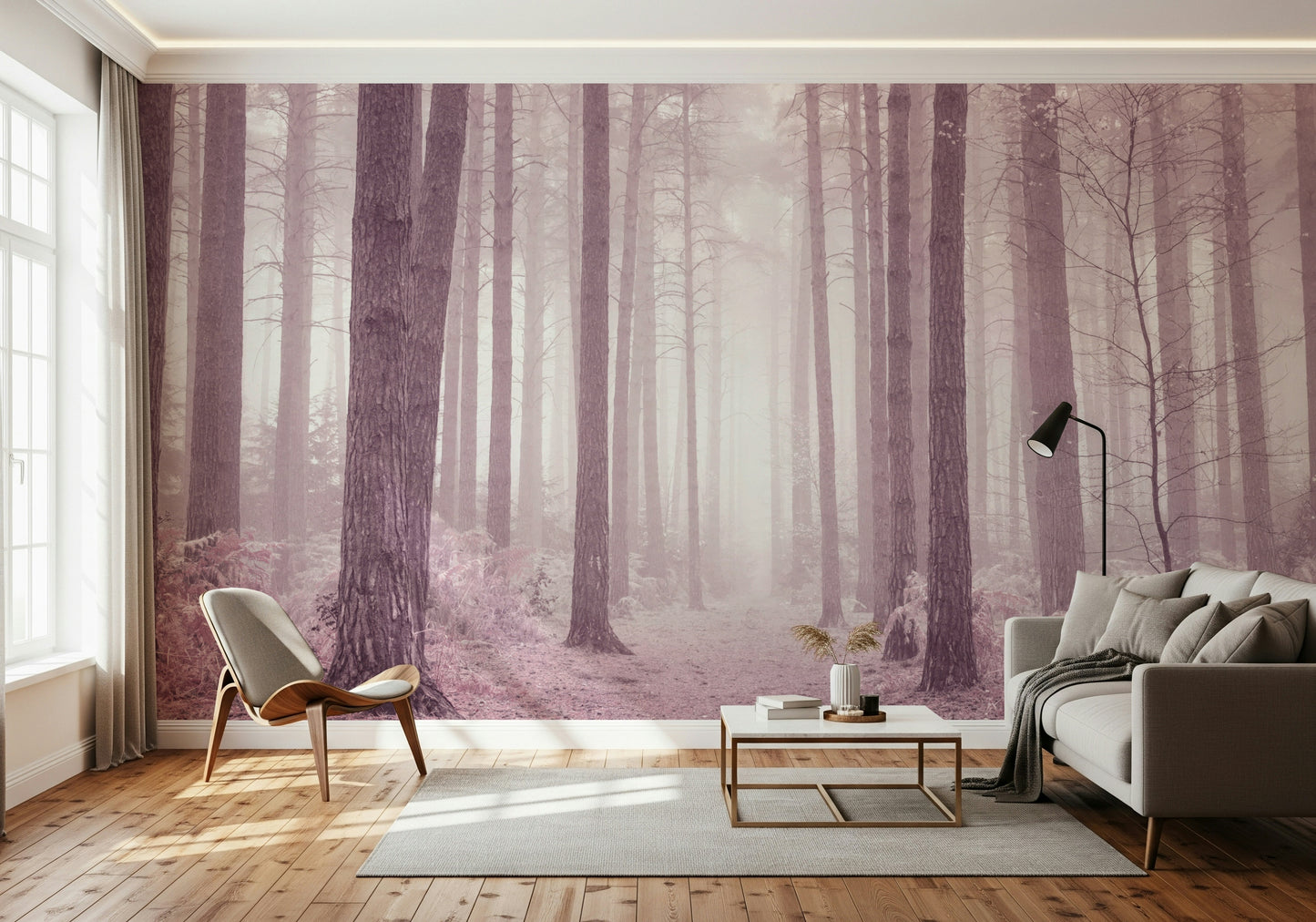 Magical tall trees Dusty Rose wallpaper enchanted clearing.
