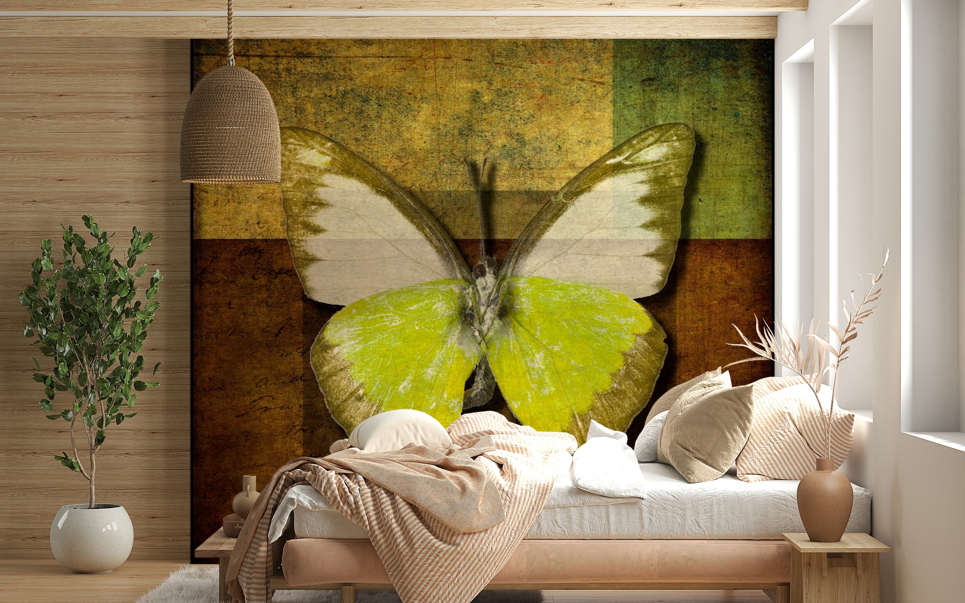 Retro butterfly specimen Wall Mural green and brown distressed style.
