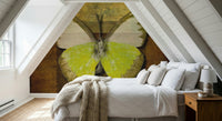 Old world style butterfly wallpaper ochre and lime color palette.