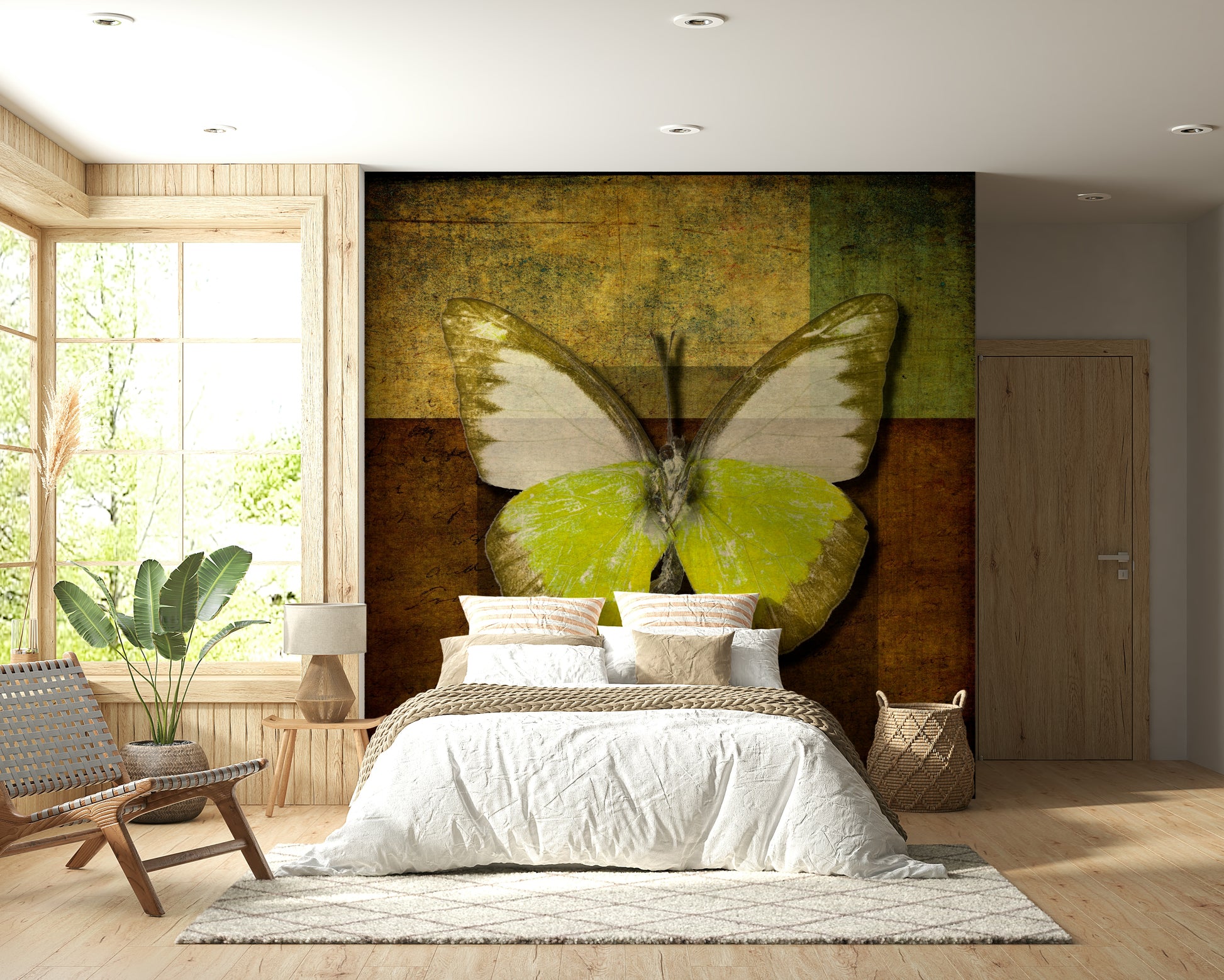 Textured golden butterfly wall mural rich historic paper background.