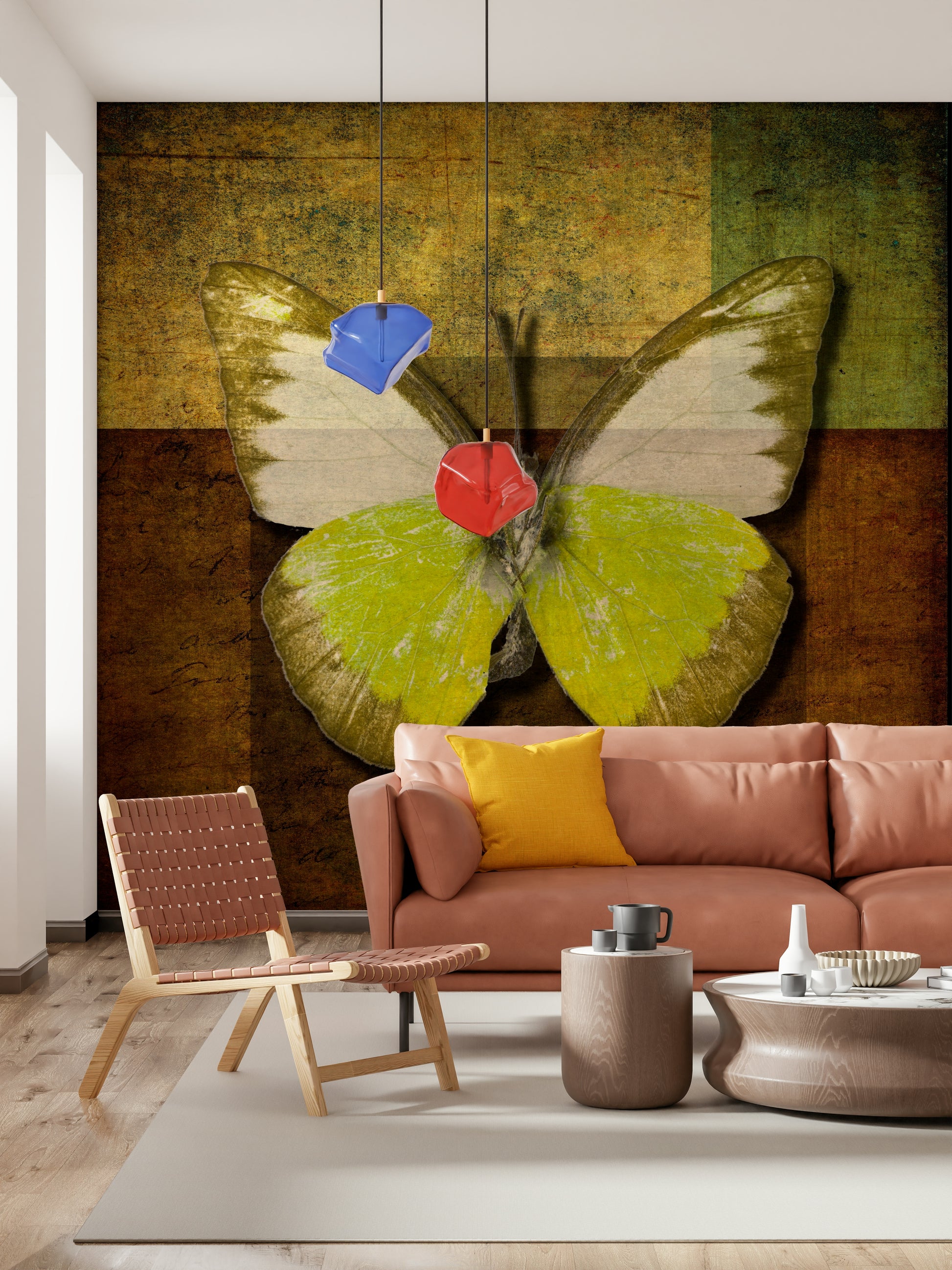 Rustic butterfly display Golden Wings wallpaper design script detail.
