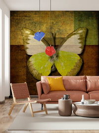 Rustic butterfly display Golden Wings wallpaper design script detail.