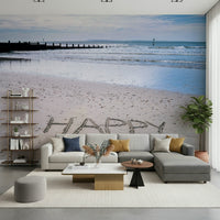 Beach scene with word Happy Beach wallpaper joyous feeling.