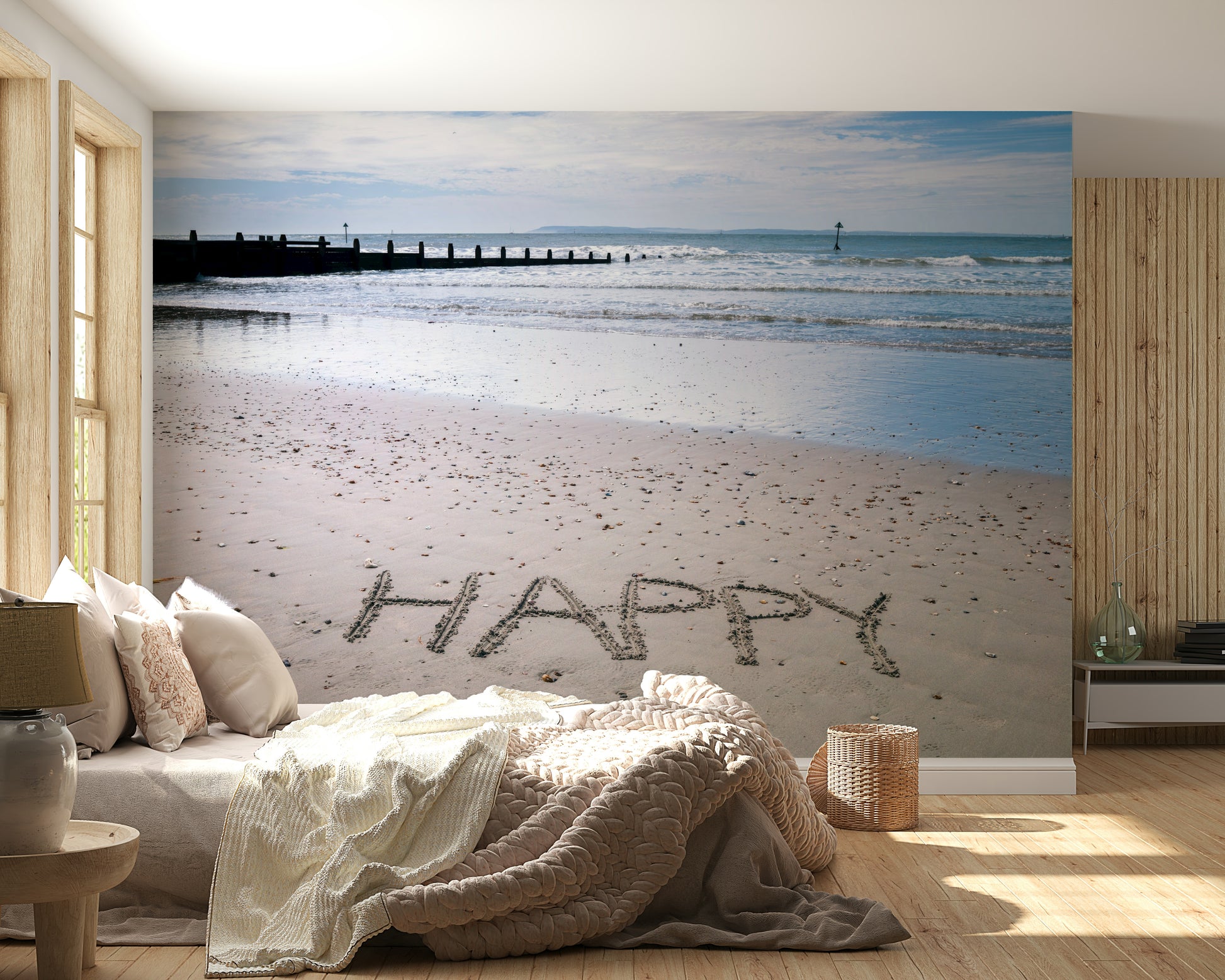 Sunlight reflecting on waves Happy Beach mural wonderful day.