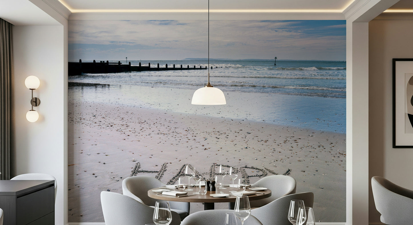 Coastal charm with word Happy Beach wallpaper beautiful horizon.