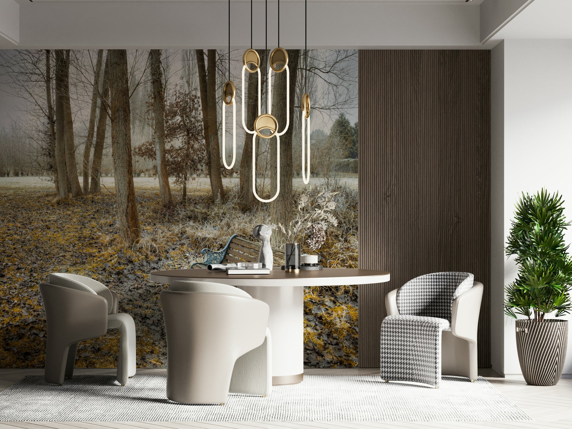 Seating Bench at Park image mural, bare trees lining path.