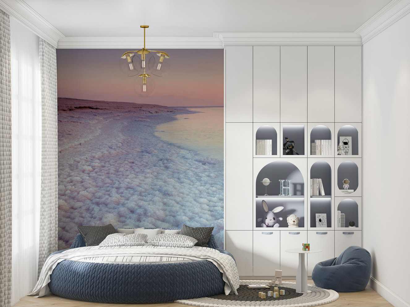Ethereal Dead Sea Coastline mural, salt formations, soft sunset wallpaper.