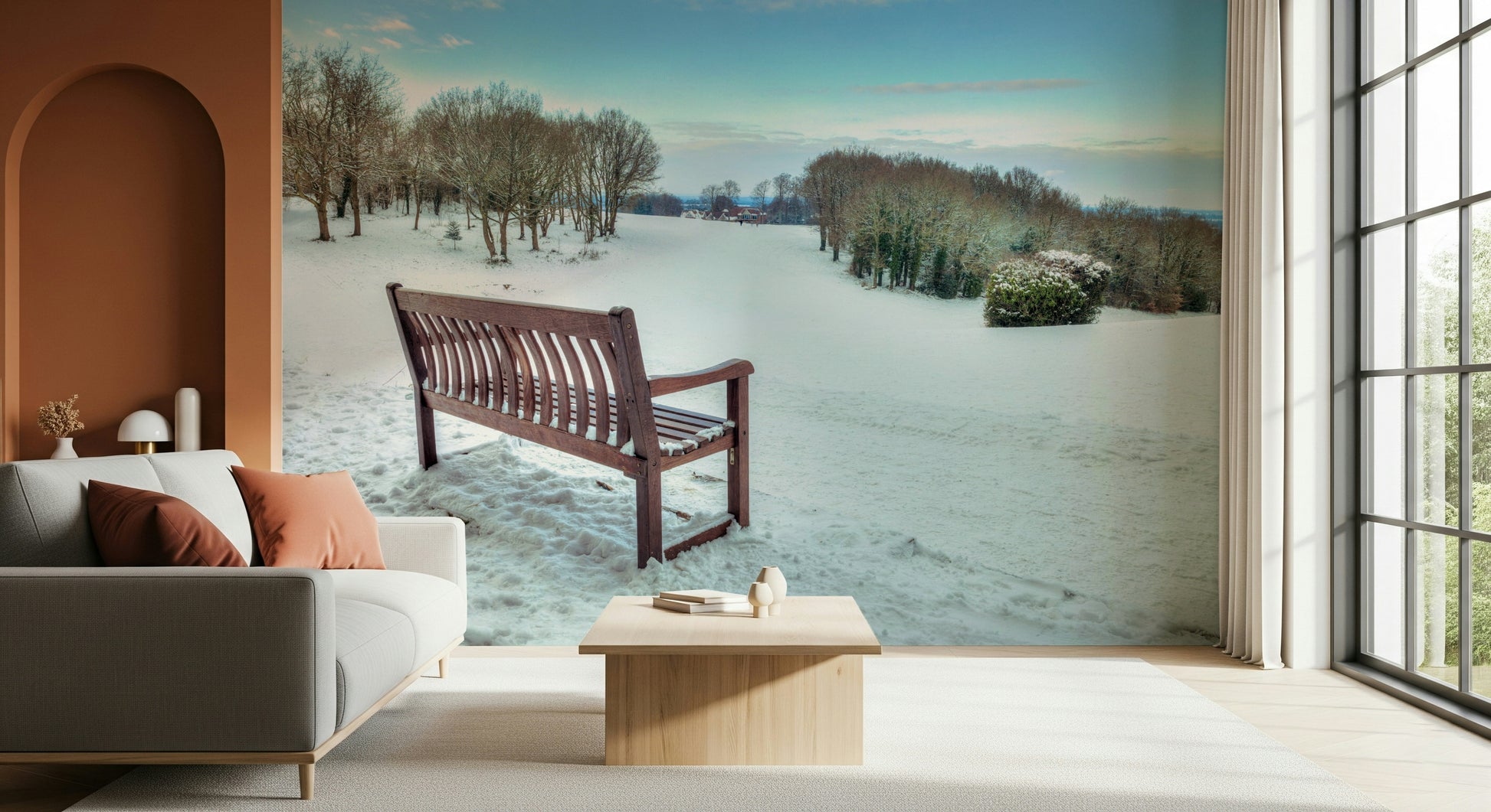 Expansive view wallpaper, distant horizon, Bench in a Snowy Landscape mural.