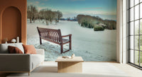 Expansive view wallpaper, distant horizon, Bench in a Snowy Landscape mural.