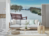 Relaxing Bench in a Snowy Landscape mural, quiet path, cool colors wallpaper.