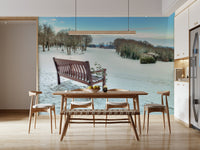 Scenic Bench in Snowy Landscape wallpaper, crisp blue sky, idyllic wall mural.