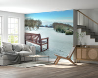 Tranquil Bench in a Snowy Landscape wallpaper, sparkling white, perfect scene mural.