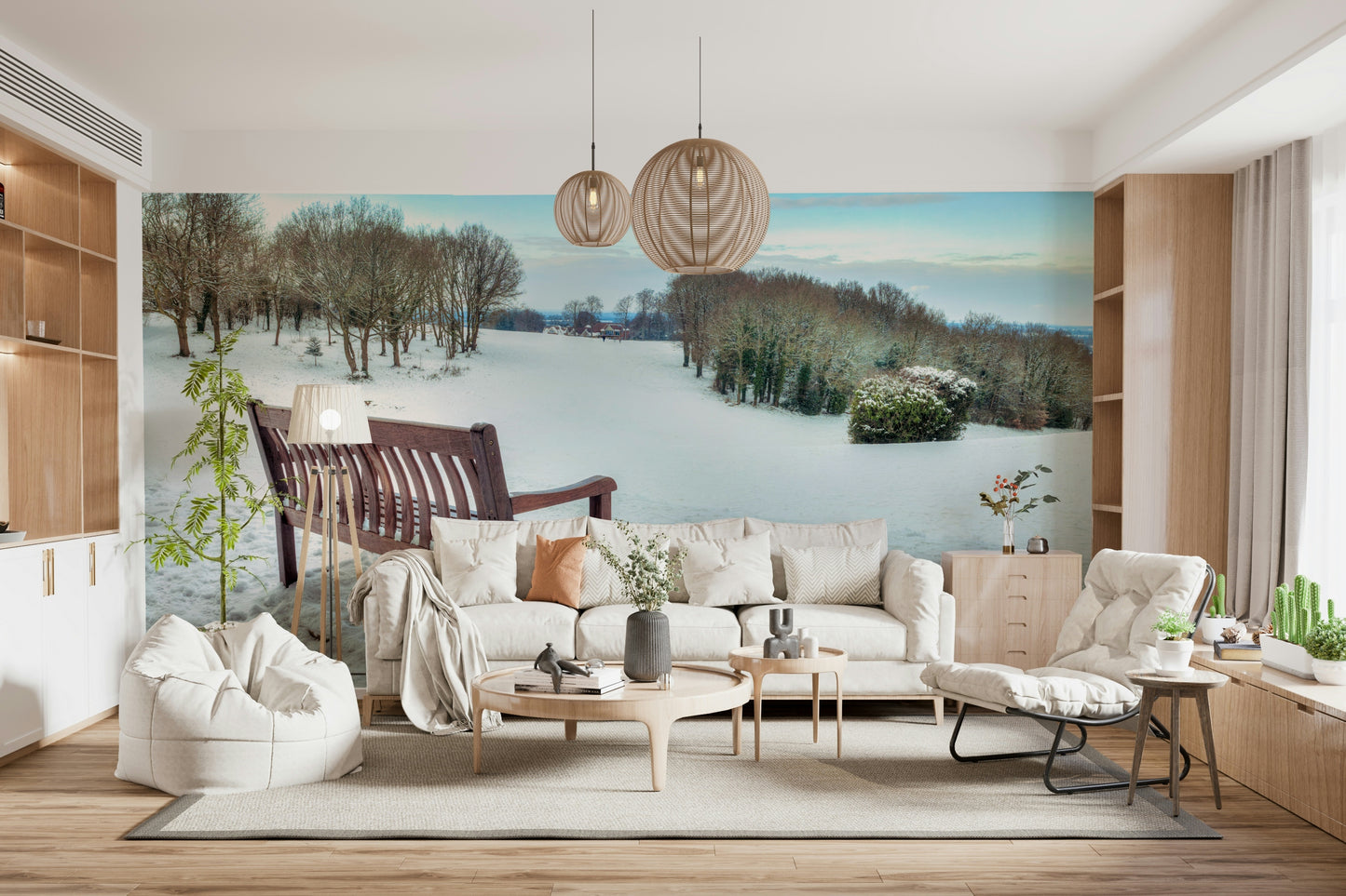 Wooden Bench in Snowy Landscape mural, frozen winter setting wallpaper.