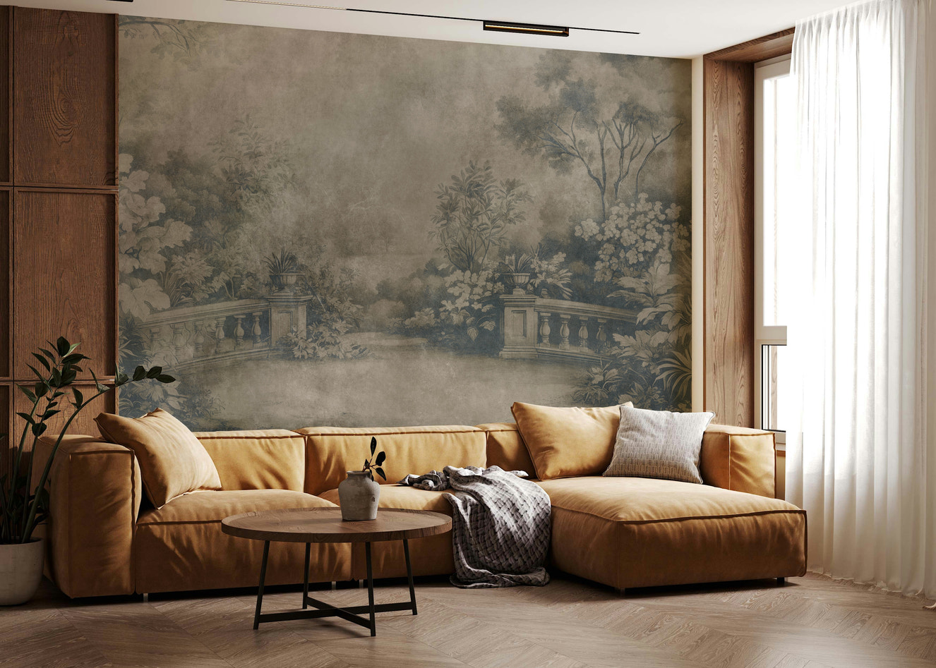 Old English Garden Smoke mural, misty botanical scene on vintage wallpaper.