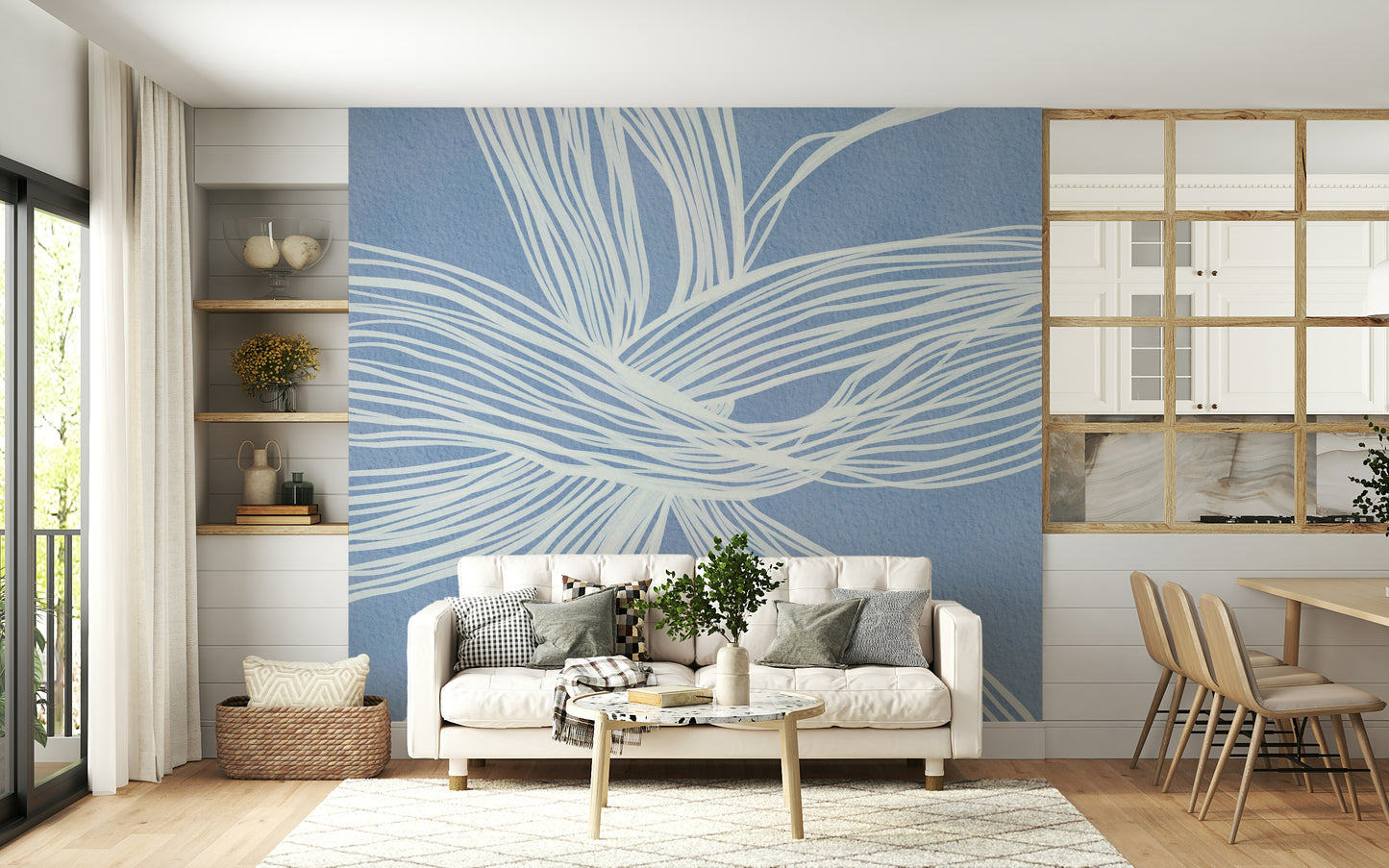 Living room mural Blue Weave geometric curves interwoven pattern feature wall