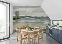 Abstract wall mural featuring Coastal Serenity design with purple wildflower foreground.