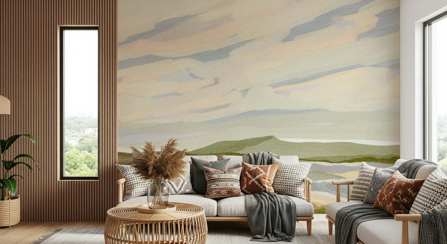 Scenic wall mural featuring Watercolor Hills design with orange foreground bushes.