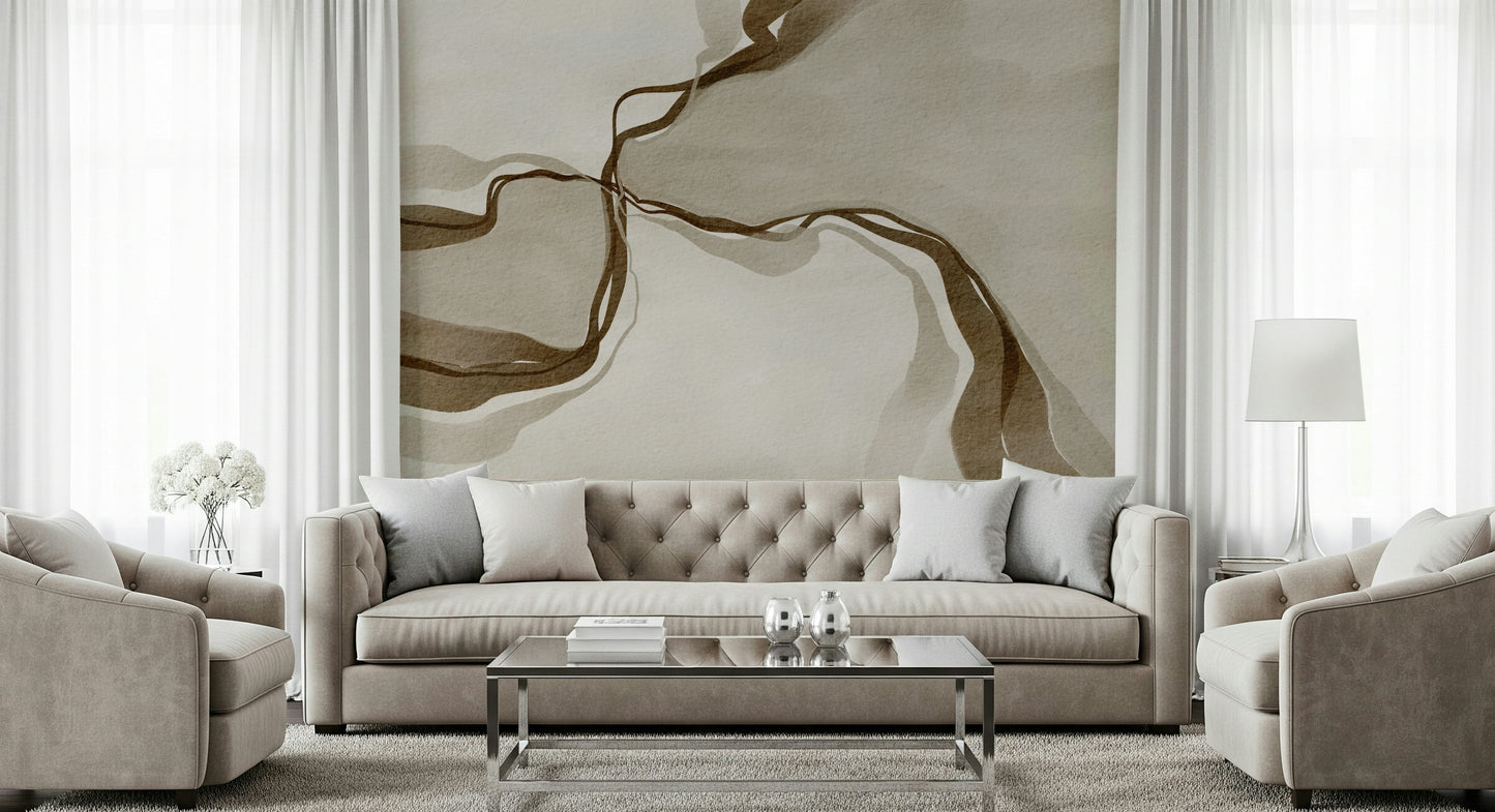 Organic Whispers of Sepia art with flowing mocha lines for modern decor.