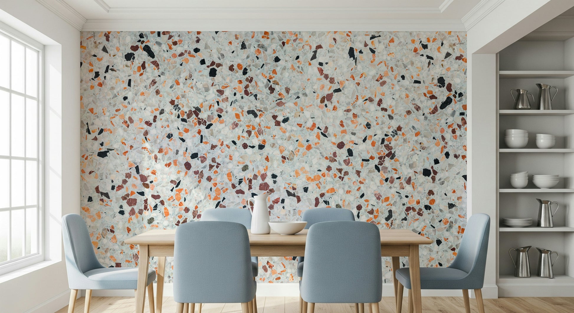 Polished Light Coral Terrazzo wallpaper abstract speckles creating sophisticated interior visual.