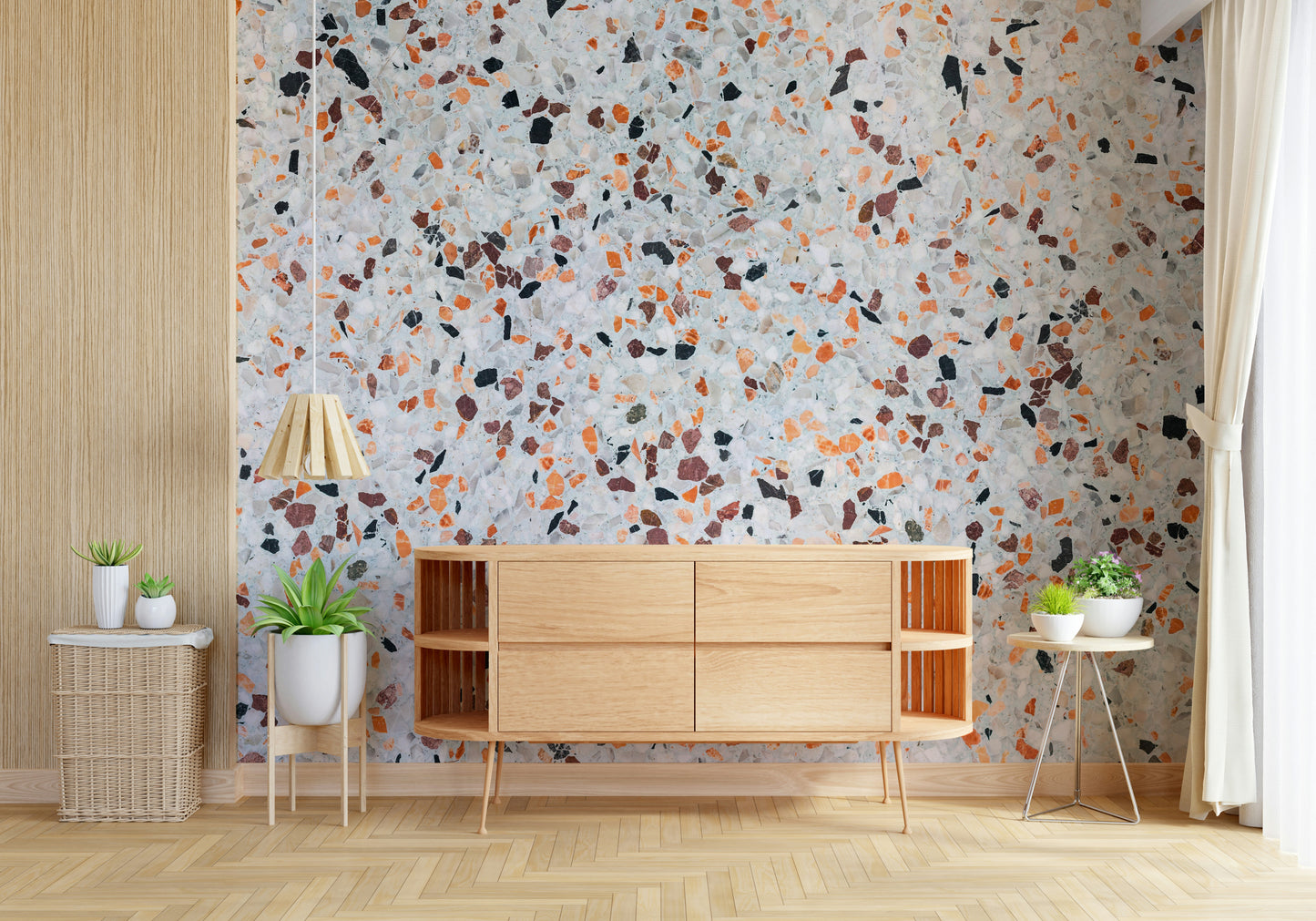 Refined Light Coral Terrazzo wallpaper subtle flecks creating a contemporary finish look.