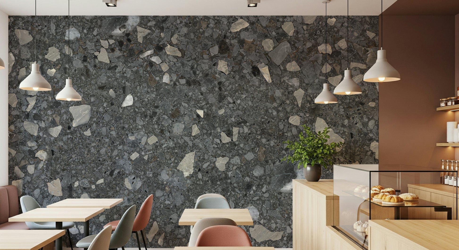 Dark Terrazzo Chips of Marble wallpaper. Stone fragment mural.