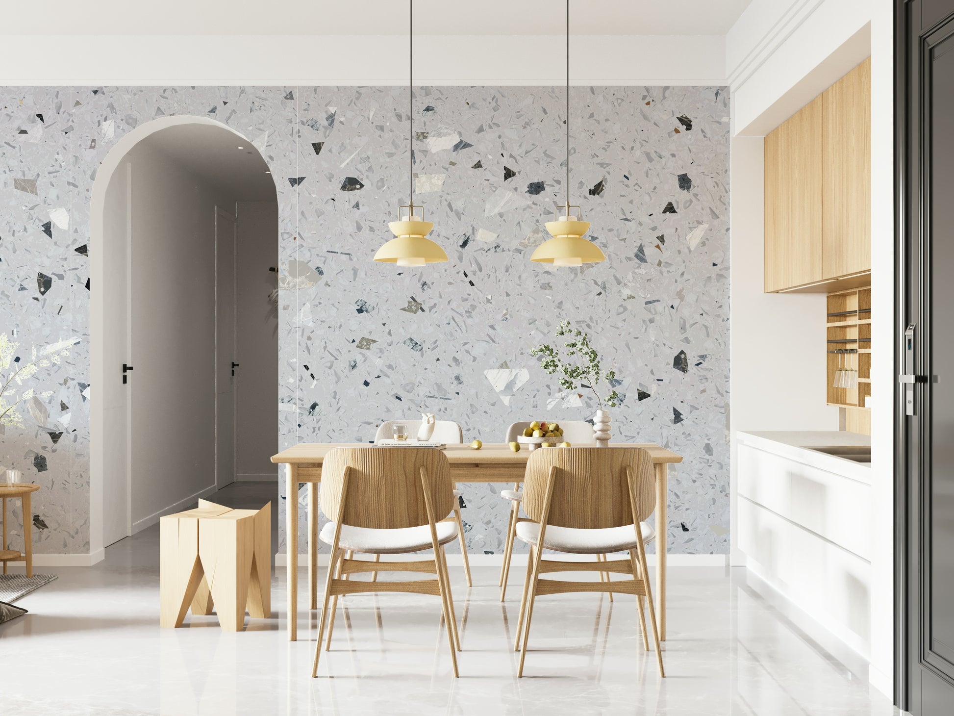 Light-toned Terrazzo pattern wall mural for minimalist design.
