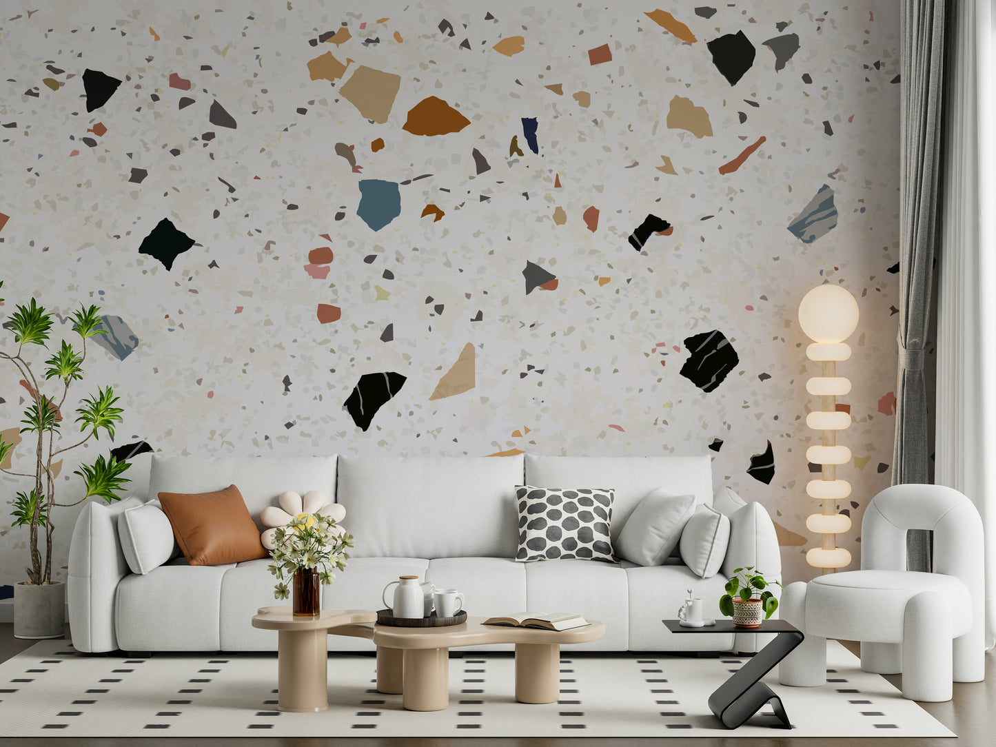 Artistic Terrazzo design mural, stylish scatter pattern graphic.