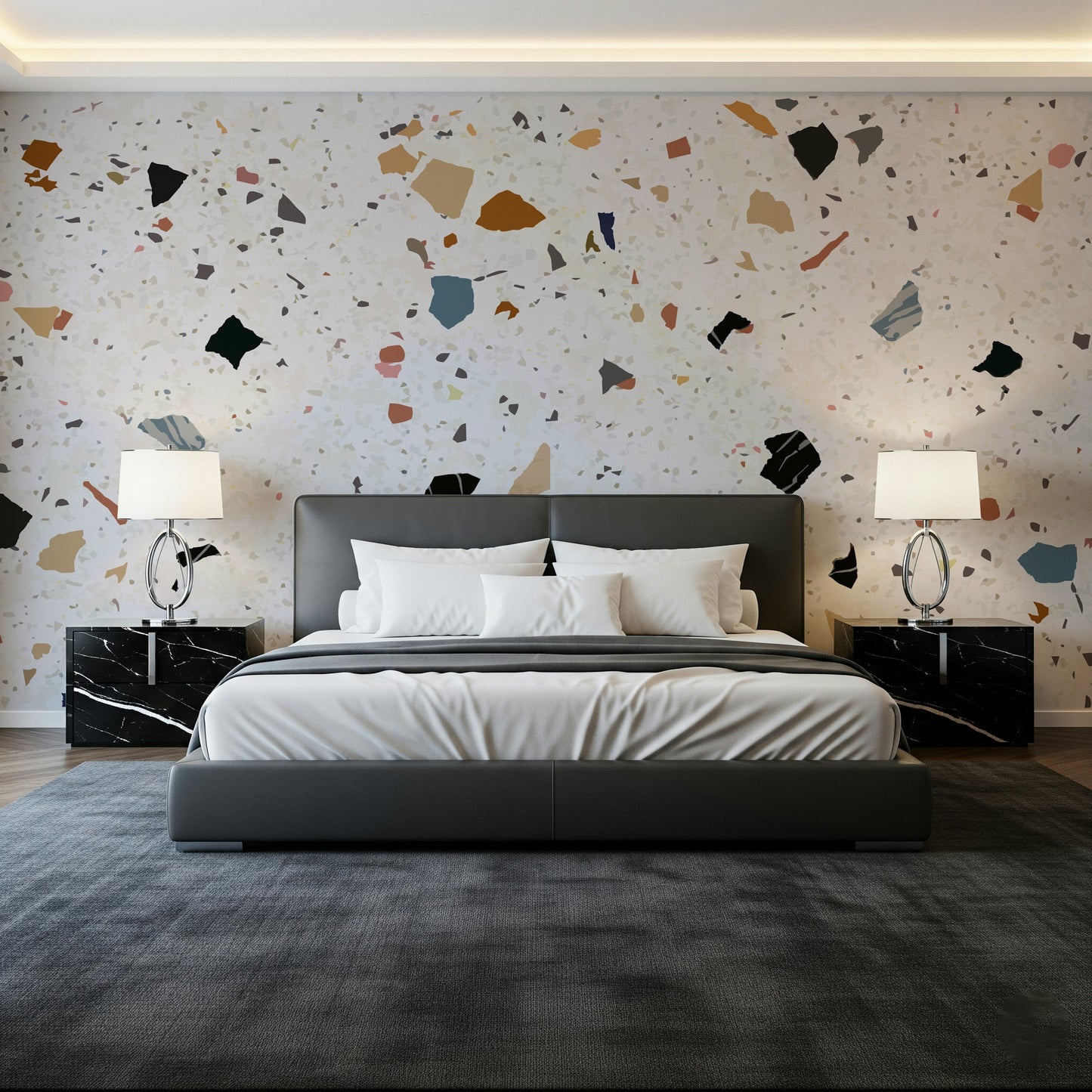 Modern terrazzo style wallpaper, lively multi-color flecks.