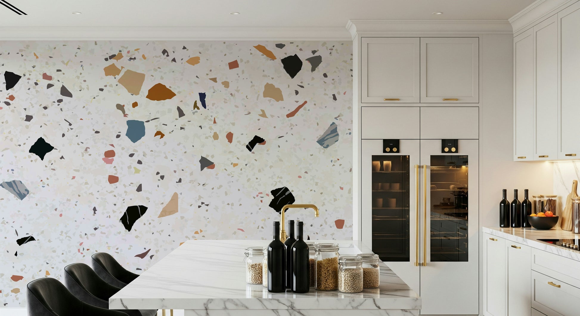 Large fleck terrazzo mural, geometric shapes on light surface.