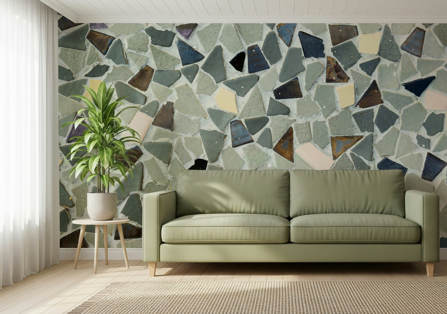 Vintage inspired natural tile look wallpaper installation idea