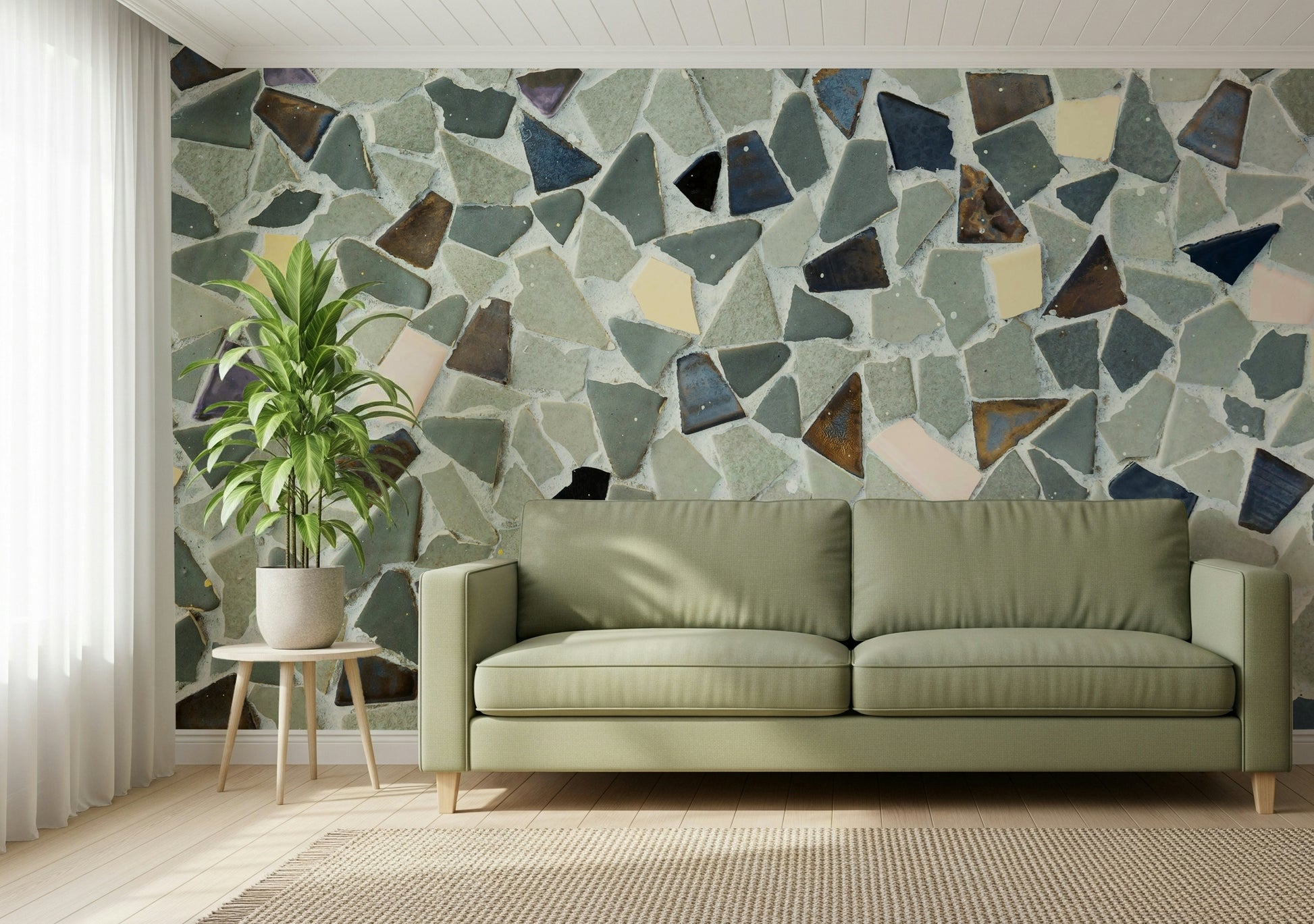 Vintage inspired natural tile look wallpaper installation idea