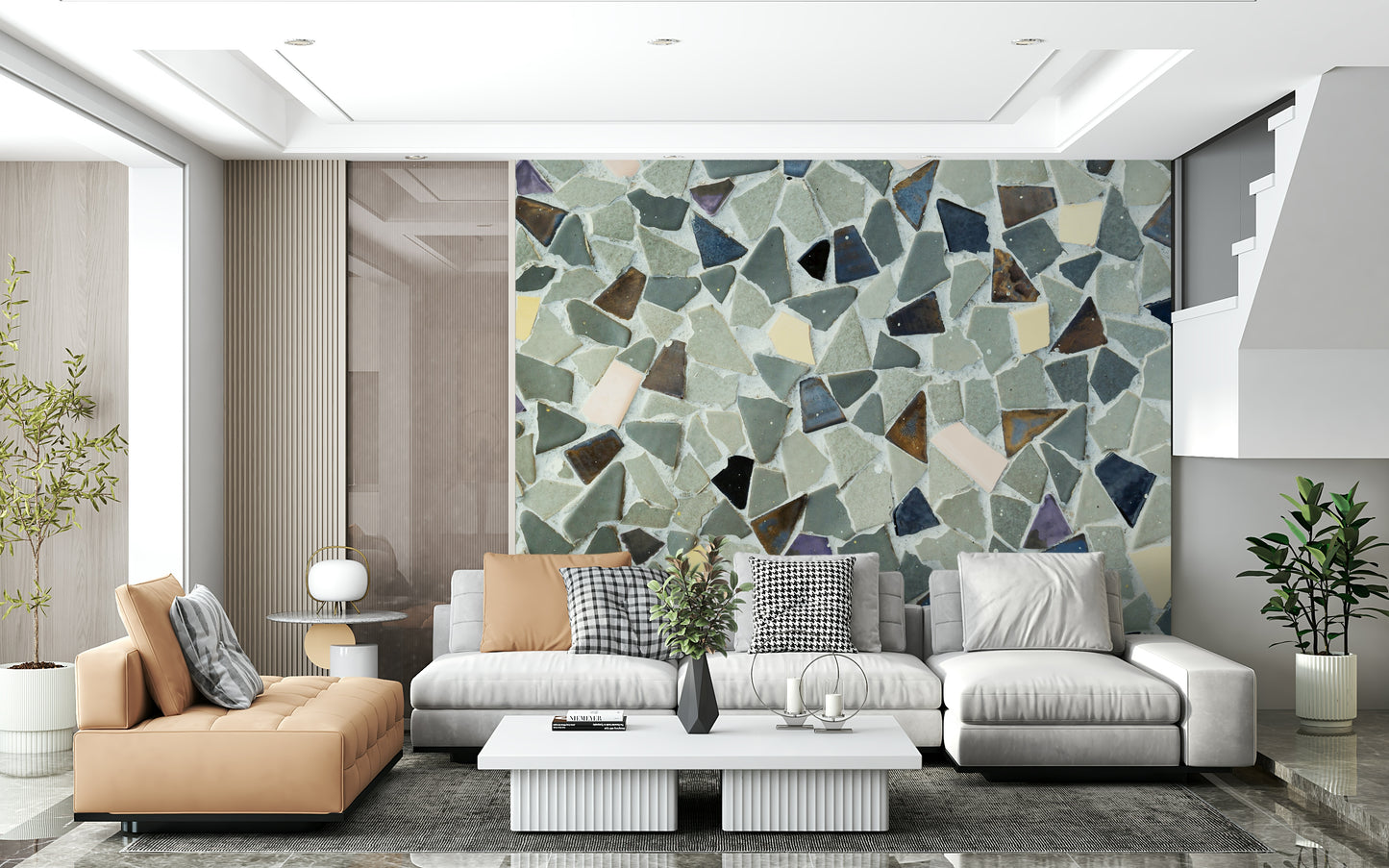 Modern mosaic fragments mural showing diverse shapes