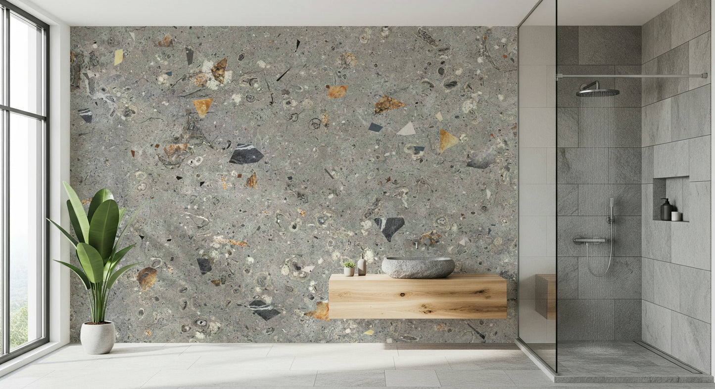Geological Grey Terrazzo embedded wallpaper surface.