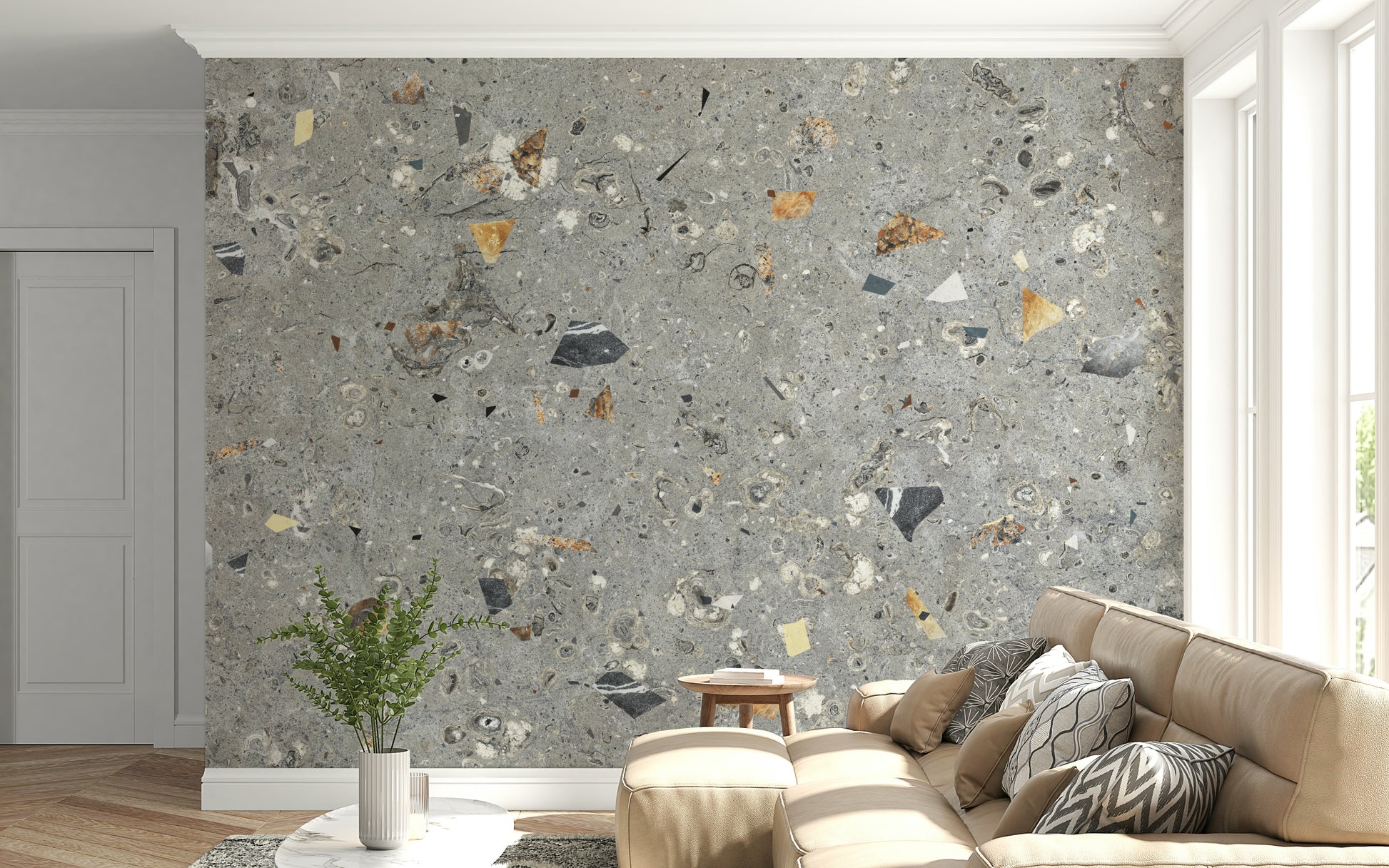 Rugged grey terrazzo wallpaper with fossilized elements.