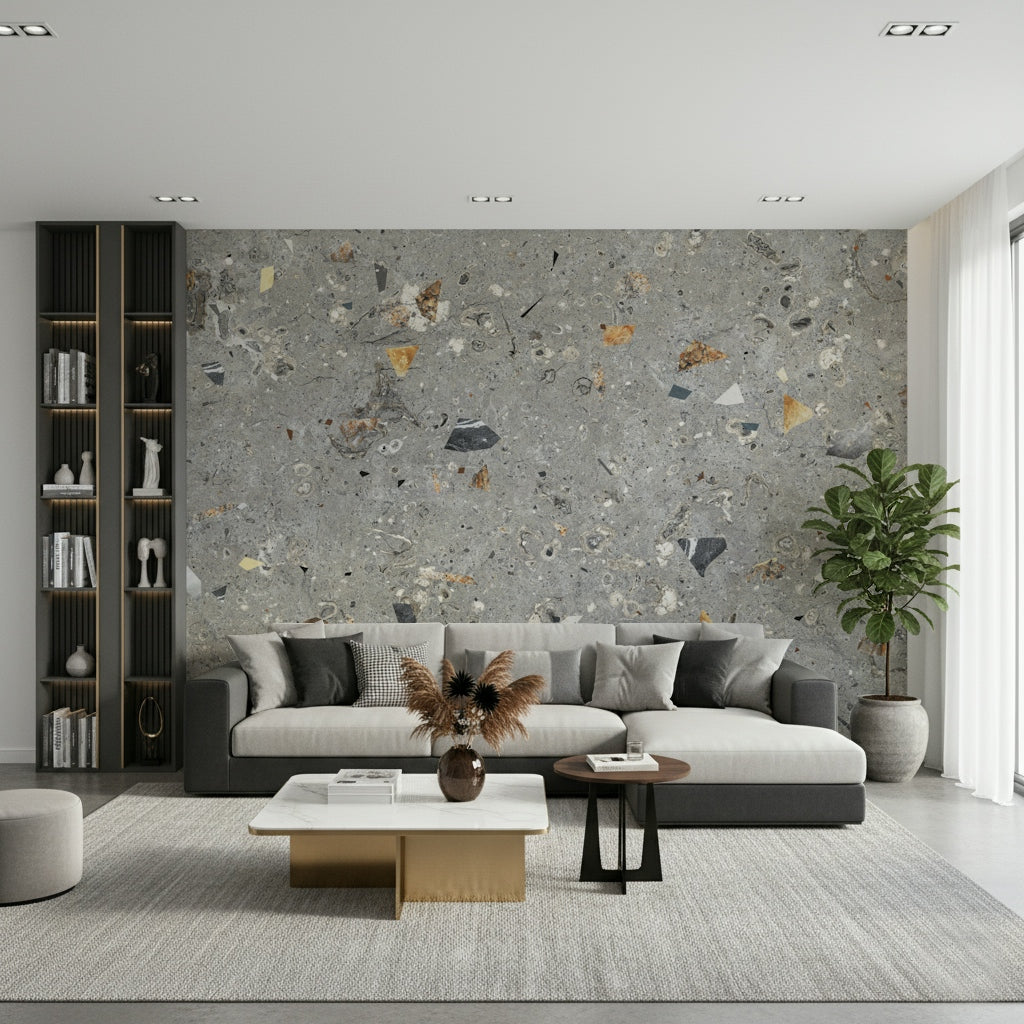 Grey Terrazzo excavated elements wallpaper.