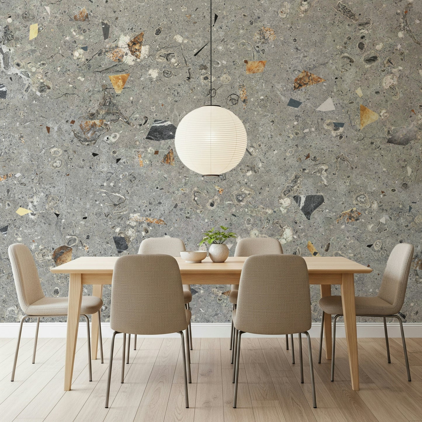 Prehistoric Grey Terrazzo texture wallcovering pattern.