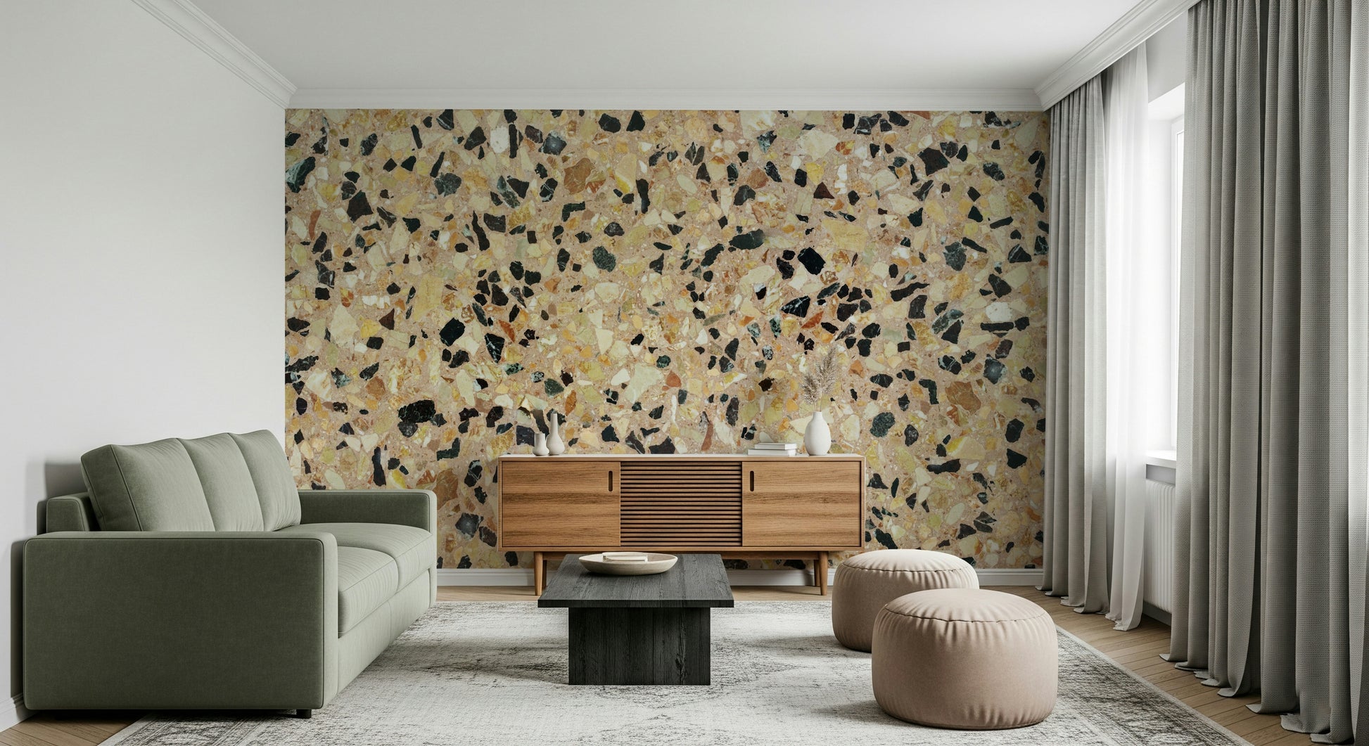 Tessellated Earth Stone wall mural: Beige and black chips.