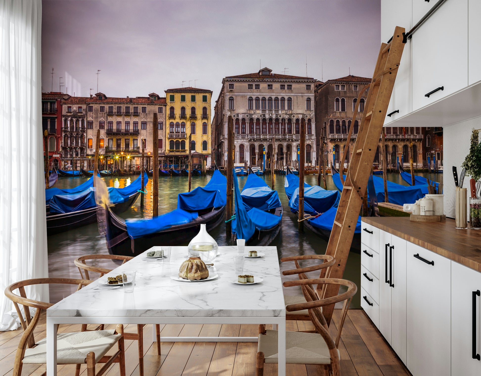 Stunning Venetian canal scene, rich colors, elegant gondolas.