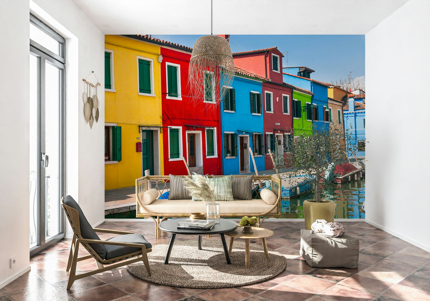 Multicolored Burano photo, rowboats tied outside, amazing streetscape.