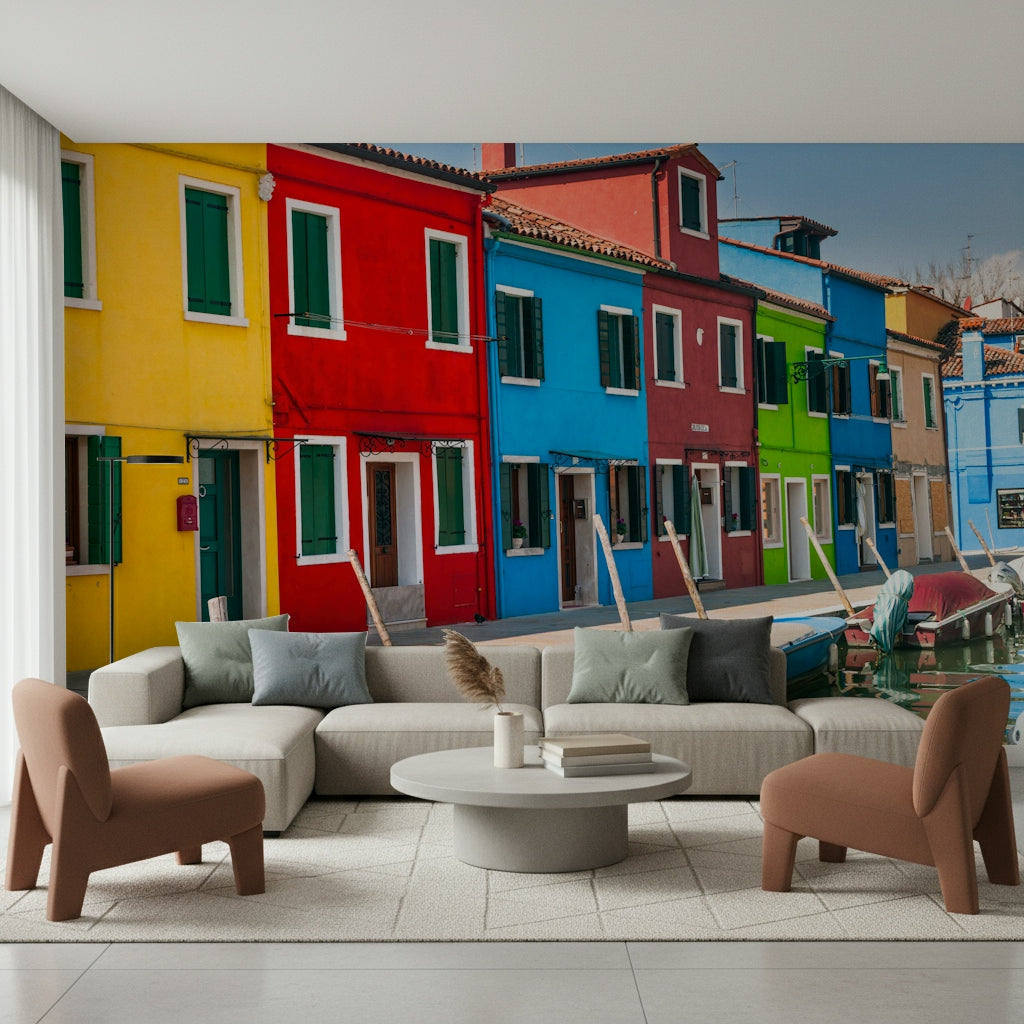 Multicolored Burano town view, green shutters, wonderful photographic print.