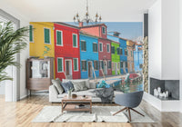 Venetian wallpaper, moored small boats, sunny day, captivating scene, Multicolored Burano.